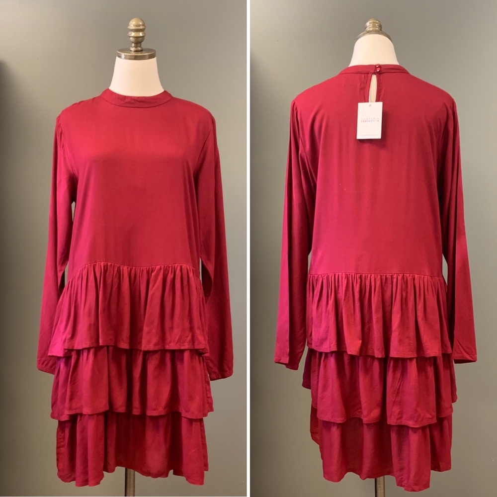NWT Modcloth Compania Fantastica Burgundy Dress Ruffle Tier Hemline Drop Waist S